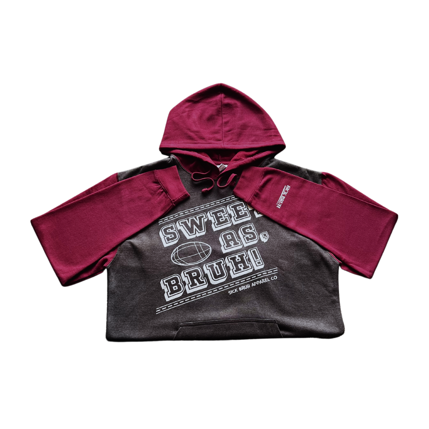 CHARCOAL/MAROON-SWEET AS BRUH HOODIE-HOODIES NZ-HALF CLOSE-UP FRONT SIDE